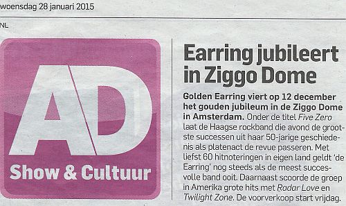 Golden Earring AD newspaper show announcement Ziggo Dome Amsterdam show December 12 2015